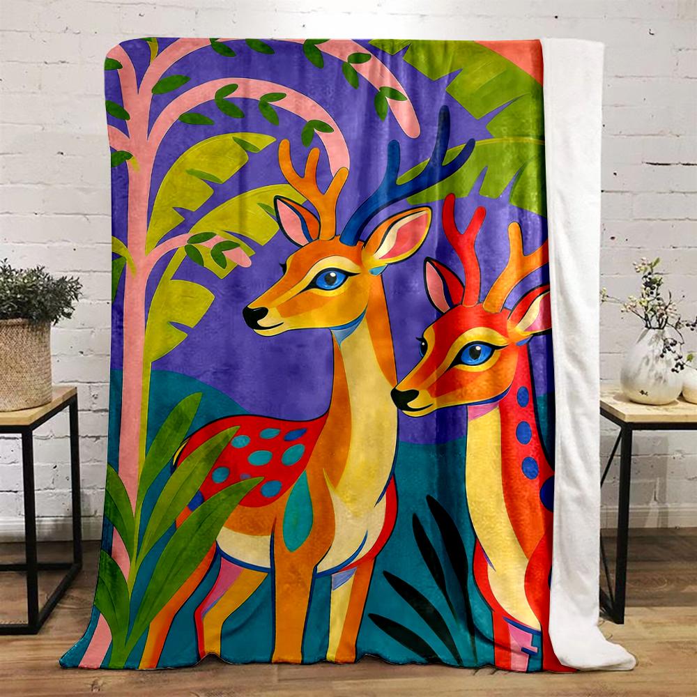 Colorful Deer Illustration in Jungle Design Flannel blanket for bedroom, living room, sofa, and nap sofas