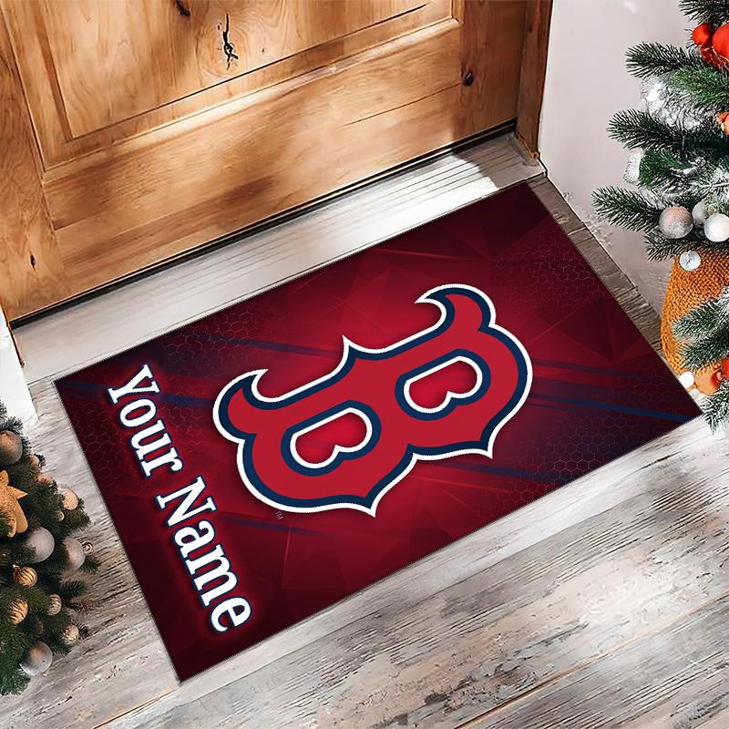 Boston Red Sox Crystal Velvet Rug, Custom Name Text Personalized Non‑Slip Floor Mat for Home Decor Gift