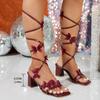 Fashion Sexy Ladies Wine Red Ankle Strap Sandals Summer 2025 3D Crystal Mesh Butterfly High Heels Shoes Woman Plus Size Party Sandalias