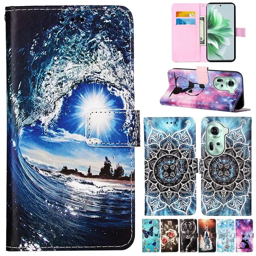 Кожаный чехол-кошелек для OPPO A40 A60 A80 Reno 13 12 12F 12FS 9A 8T Find X8 X6 Pro X5 Lite A17 A52 A58 A78 A98 K12X Расписная обложка