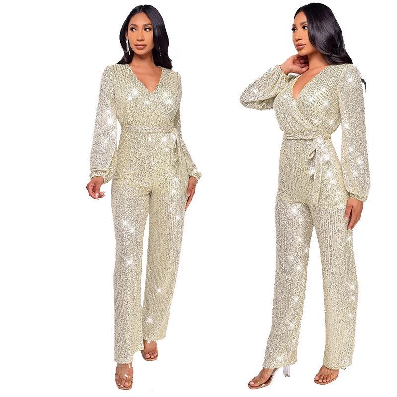Sparkly Jumpsuits For Women Dressy Formal Plus Size Long Sleeve Sequin Party Rompers Sexy V Neck Wide Leg Pants Suit