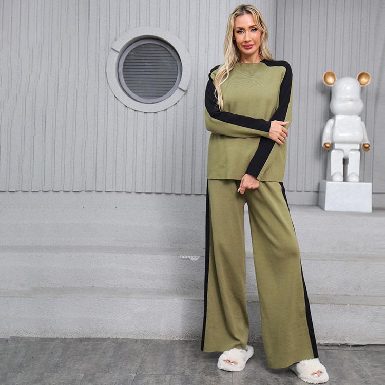 Осенне-зимний женский повседневный вязаный свитер, брюки, комплект из двух предметов, пуловер с длинным рукавом и брюки с широкими штанинами, спортивный костюм