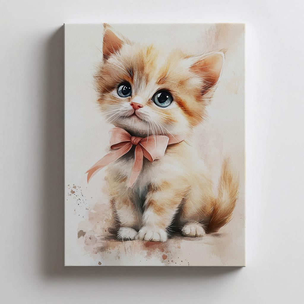 Uroczy Kotek Z Różową Kokardą Uroczy Kotek Z Różową Kokardą, 70X100 Cm, Rama Drewniana Ciemny Brąz, Papier Matowy 230 Gsm