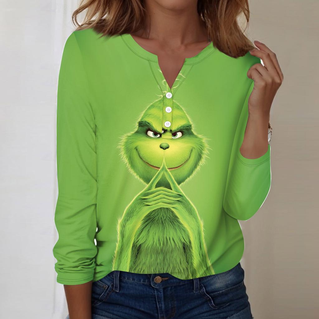 Women's Fashion Casual V-Neck Long Sleeve Decorative Button Christmas Print Top