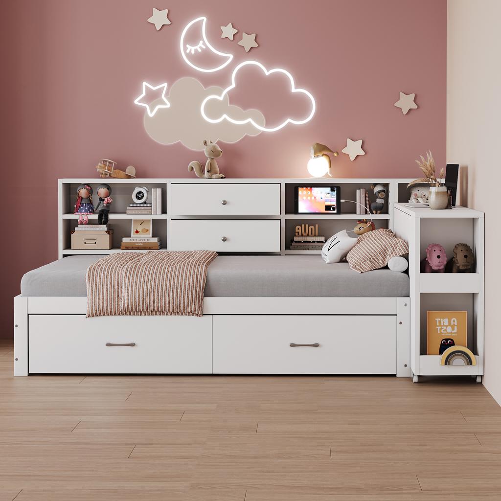 Деревянный диван-кровать 90 x 200 см, Скрытые отсеки для хранения и полки, 2 больших ящика, Многофункциональная розетка, Выдвижной стол, Белый