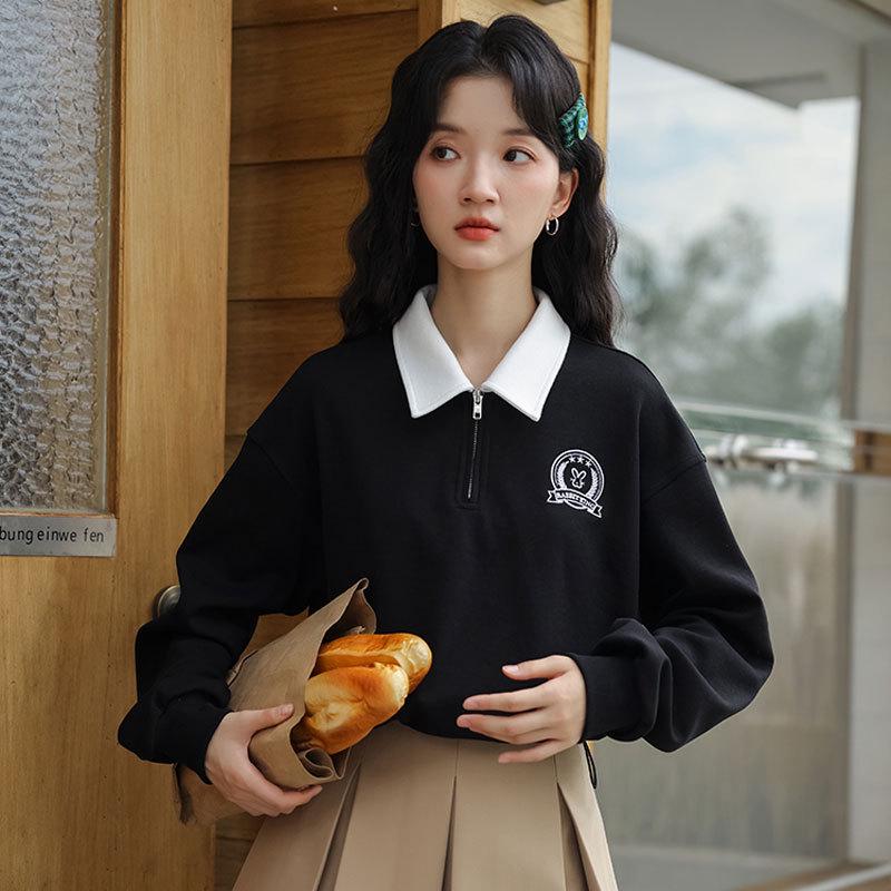 Женский пуловер с вышивкой в стиле ретро, с поло-воротником и застежкой-молнией до половины - Длинный рукав, Весна/Осень 2025