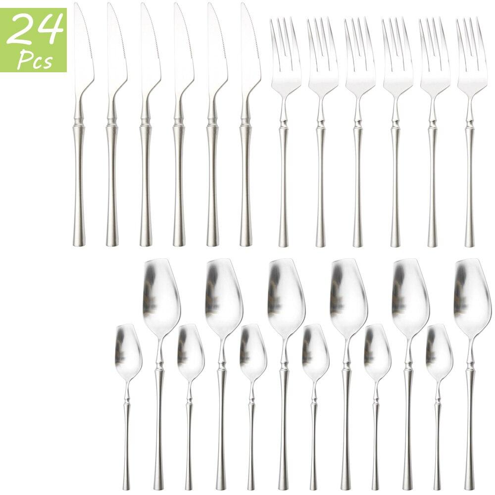 24Pcs Red Gold Cutlery Set 18/10 Stainless Steel Tableware Vintage Knife Fork Coffee Spoon Dinnerware Set Wedding Kitchen Silverware