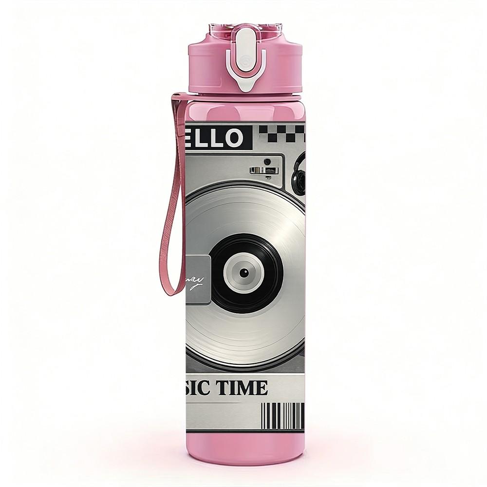 1PC Retro Vinyl Music Record Print 750ml Color Plastic Sports Water Bottle Leakproof Flip Straw Lid Suitable for Sports Office Home Use