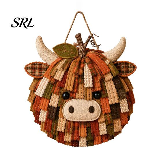 Thanksgiving Craft Activity Highland Cow Pumpkin Patchwork Kit, Fabric Autumn DIY Home Decor Crafting Set Sewing Kit for Beginners, Farmhouse