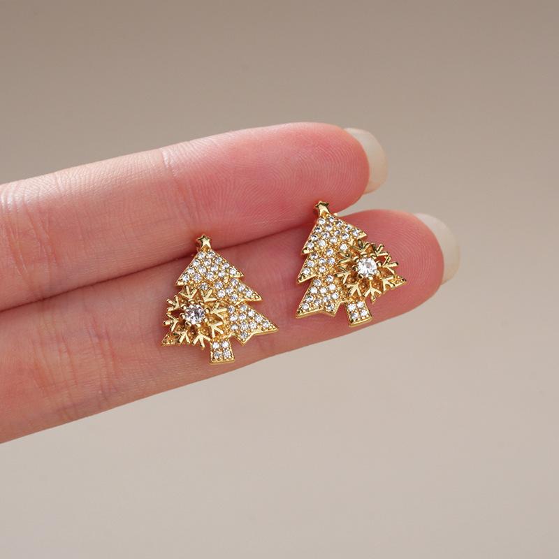 Light Luxury Princess Shiny Christmas Tree Stud Earrings Douyin Live Broadcast Popular Jewelry, Snowflake Winter Romantic Jewelry