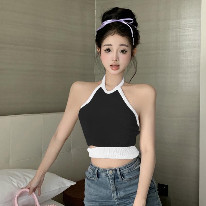 Летний женский вязаный укороченный топ с бретельками контрастного цвета, женская кофточка