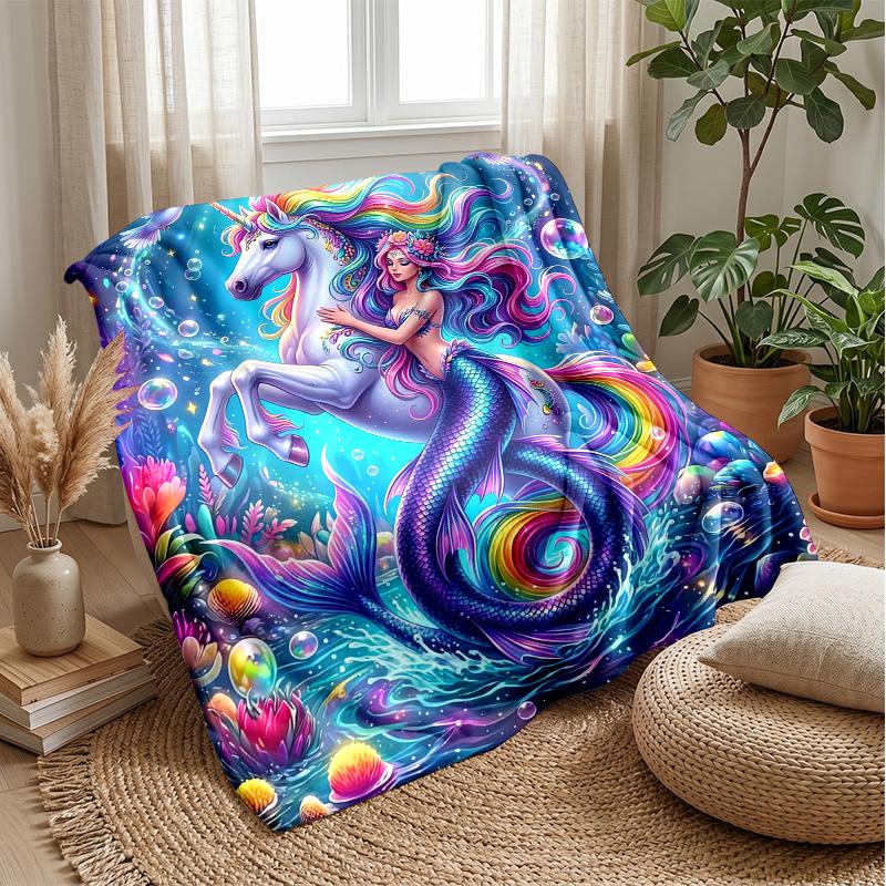 Fantasy Mermaid with Unicorn Theme blanket Lightweight Warm Flannel Blanket Decorative Throw Blanket for Home Decoration