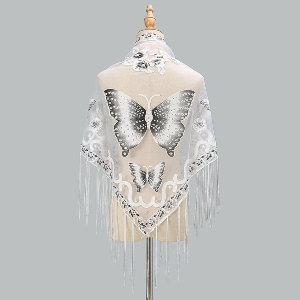 Butterfly Lace Hollow Scarf Polyester Mesh Scarves Elegant Tassel Triangle Shawl Church