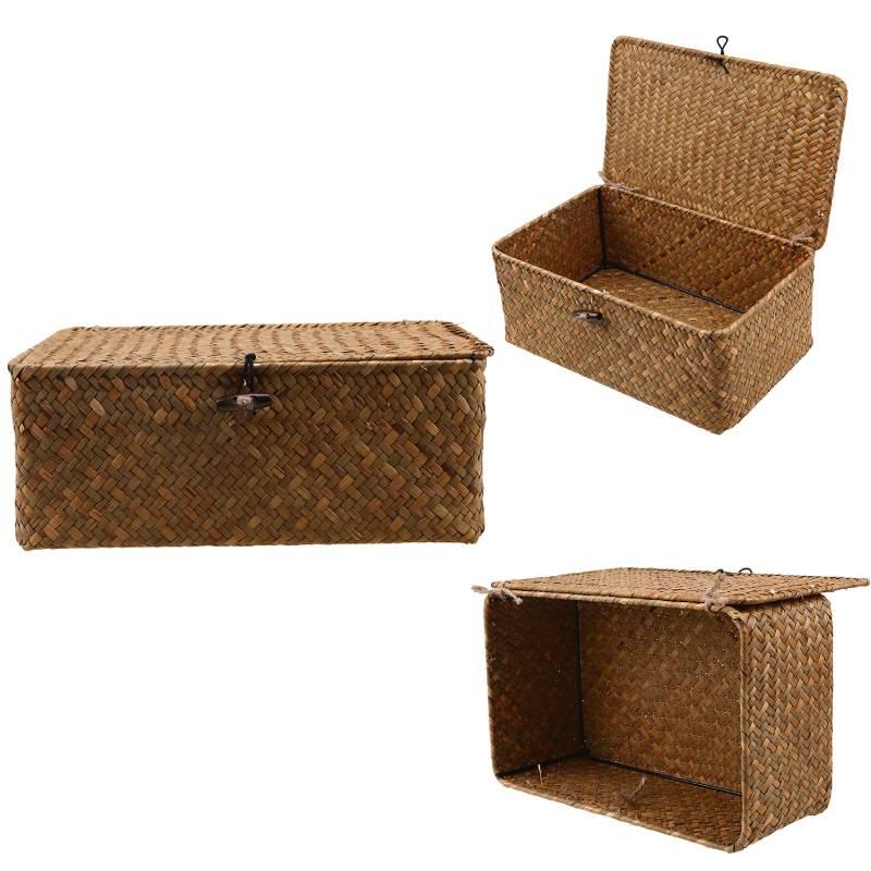 Винтажная желтая корзина для хранения из морской травы с крышкой, идеально подходящая для CD-дисков, пультов дистанционного управления и канцелярских принадлежностей