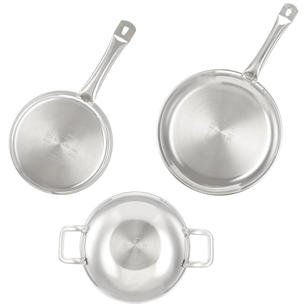 Стальной набор посуды из 3 предметов(Кадхай/Вок 24 см, Сковорода - 24 см с общей крышкой и Ковш для чая/молока - 16 см) Индукция