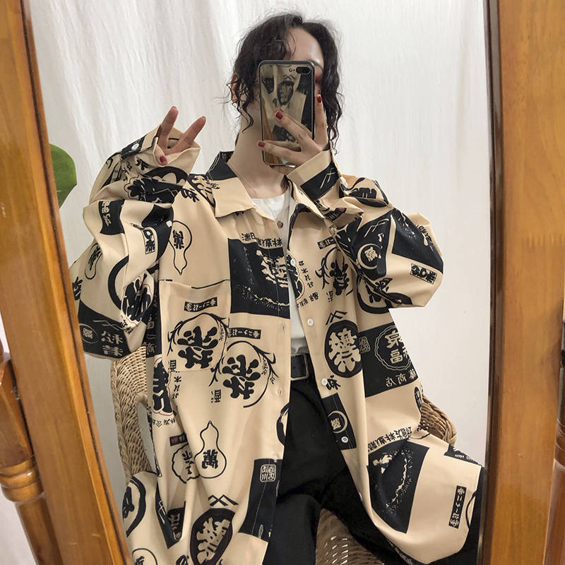 Блузка Harajuku, рубашка для пары, женская, мужская, одежда, блузки, длинные рубашки Bf, весна-осень, отложной воротник, повседневный топ