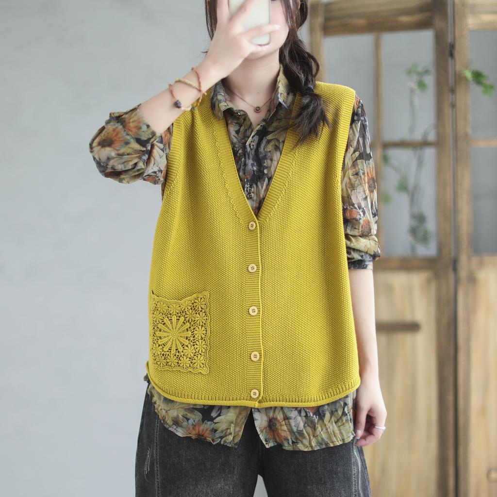 Женская винтажная вышивка V-образный вырез весна осень однобортная женская одежда повседневный вязаный свитер жилет