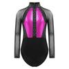 Girls Shiny Rhinestones Leotard Color Block Patchwork Keyhole Back Sheer Mesh Long Sleeve Bodysuit