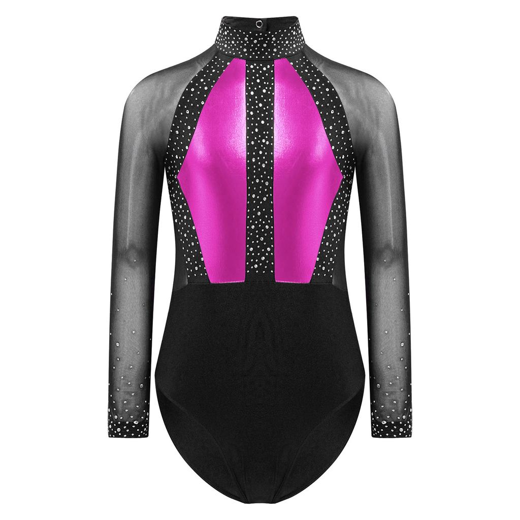 Girls Shiny Rhinestones Leotard Color Block Patchwork Keyhole Back Sheer Mesh Long Sleeve Bodysuit