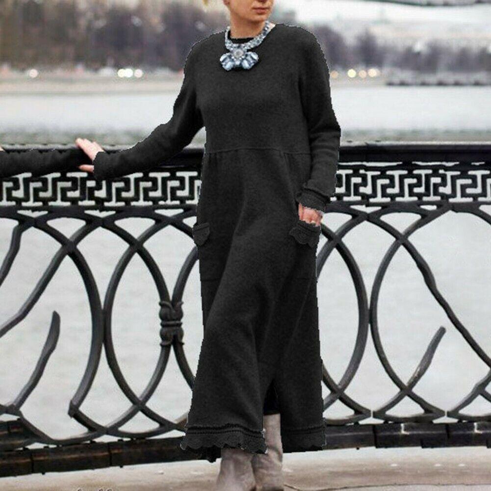 YYFS Женская мода весна осень однотонный принт длинный рукав О-образный вырез свободная талия повседневные платья