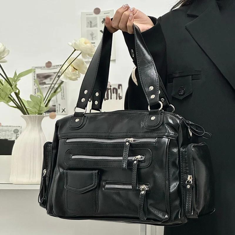 Retro Tote Bag PU Soft Motorcycle Bags Travel Zipper Pocket Fashi Crossbody Pack Outdoor Camping Hiking Weekend Satchel Women