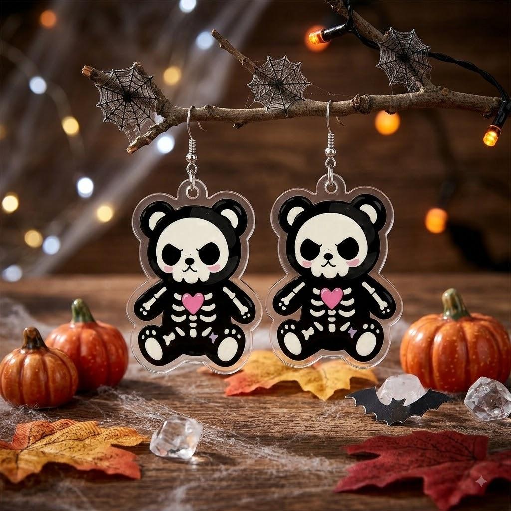 Halloween 2D Acrylic Skull-Bear Earrings – A Cute Spooky Style with a Playful Twist