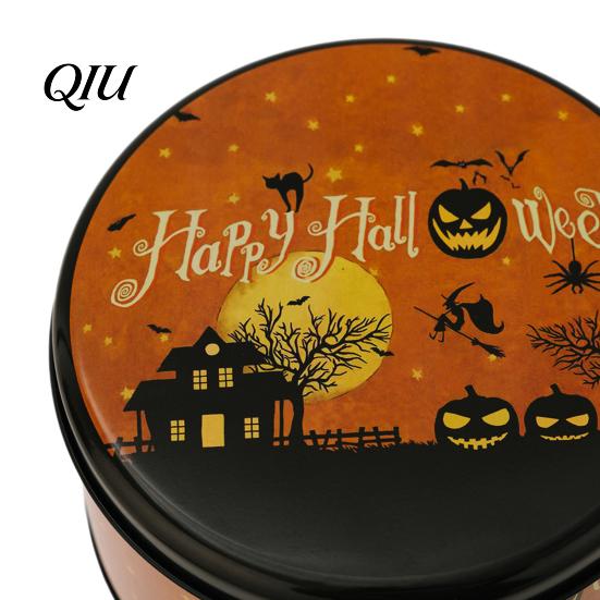 Holiday Souvenir Packaging Halloween Round Tin Box, Candy Cookie Storage Container with Pumpkin Witch Metal for Treats Print, Spooky Party Favor Gift