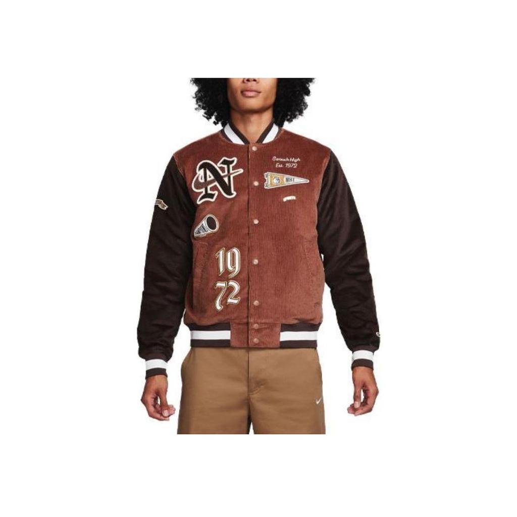 Nike Sportswear Letter Embroidery Color Block Corduroy Vintage American College Style Jacket Men Jacket Brown FQ6159-256