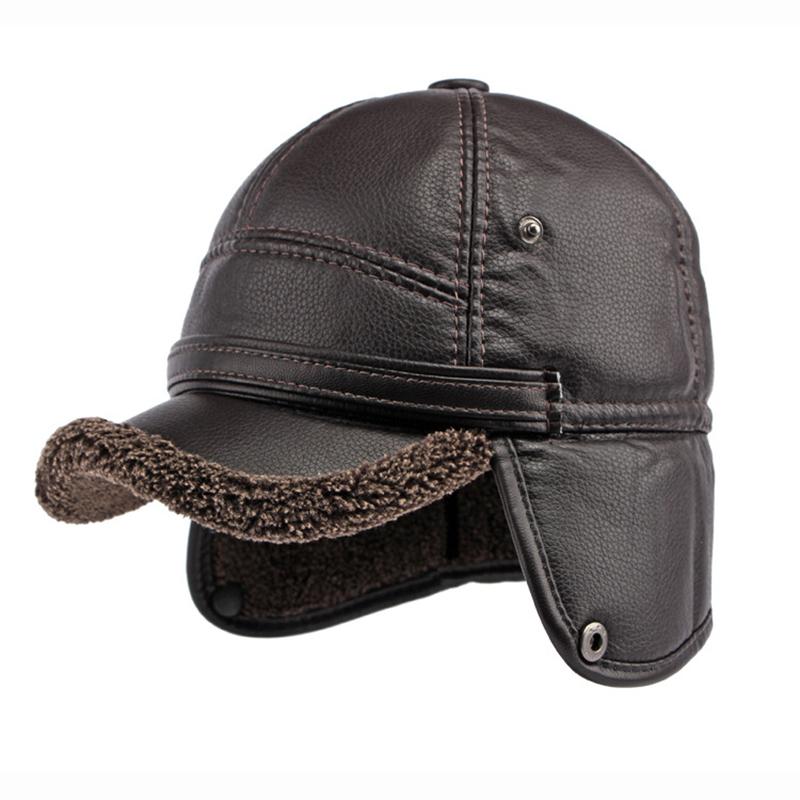 Зимняя кепка мужская бейсболка из искусственной кожи для мужчин с ушами, толстая теплая кепка Snapback для пожилых людей среднего возраста, кепка для пап, закрывающая уши