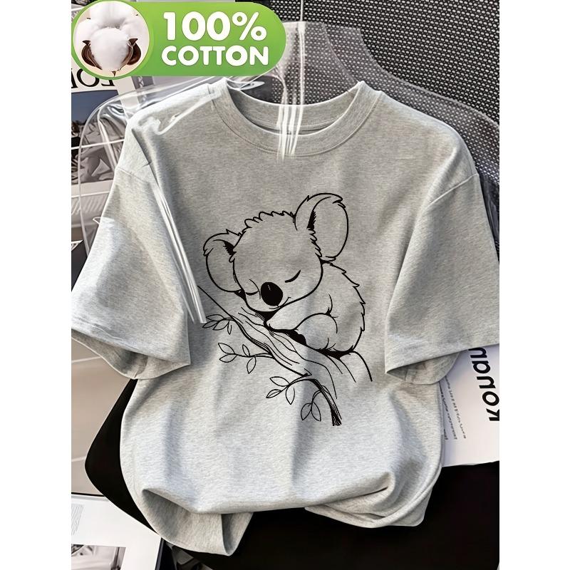 Женская футболка 100% хлопок, Милый эскиз спящей коалы, Круглый вырез, Короткий рукав, Повседневный модный летний топ, Дышащая