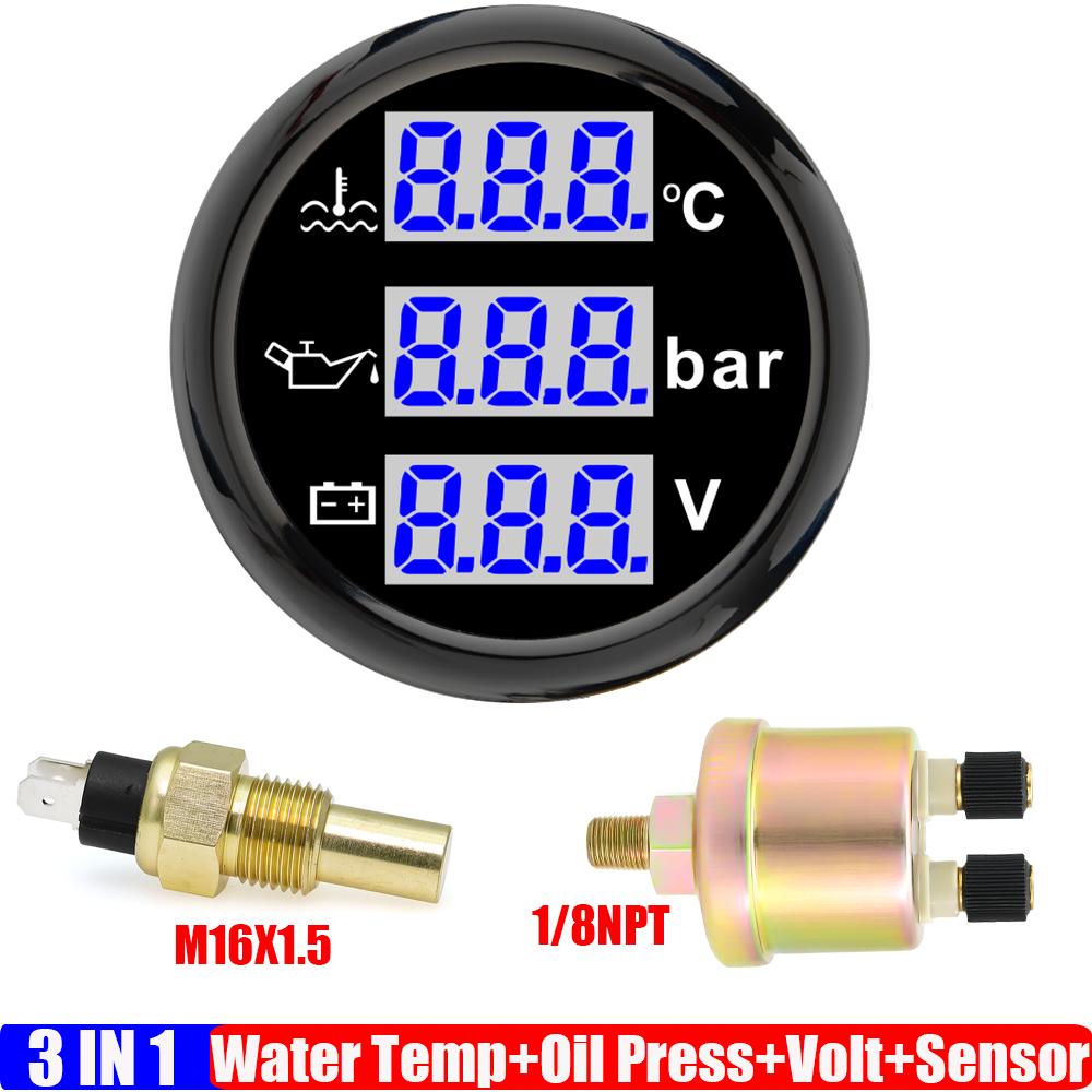 ZMFJH MultiMeter 52MM Gauge with Alarm BLUE LED 0-120℃ Water Temperature 0-10BAR Oil Pressure Meter Voltmeter Temp Sensor Car