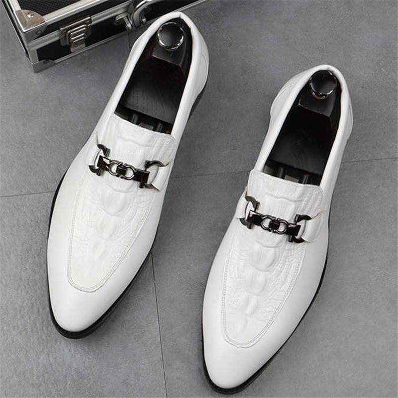 Fashion New Men's Alligator Pattern Loafers Pointed White Black Brown Slip On Flats Shoes Designer Homecoming Wedding Dress Footwear
