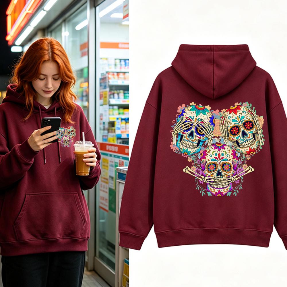 Unisex Sugar Skull Hoodie Día De Muertos Graphic Print Pullover Casual Long Sleeve Hooded Sweatshirt Streetwear Men Women