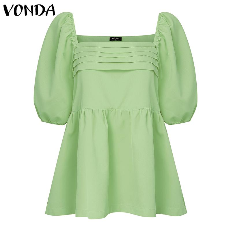 VONDA Summer Women Square Collar Puff Sleeve Ruched Casual Blouse Tops