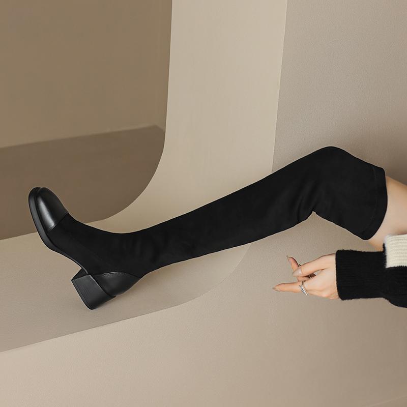 Krazing Pot Flock Autumn Winter Shoes Elastic Boots Square Toe Keep Warm Stretch Over-the-knee Boots