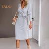Women Spring Fall Dress Cross V Neck Lace-up Slim Fit Sheath Long Sleeves Knee Length Knitted Slim Fit Elastic Midi Dress Shopping Dating Dress