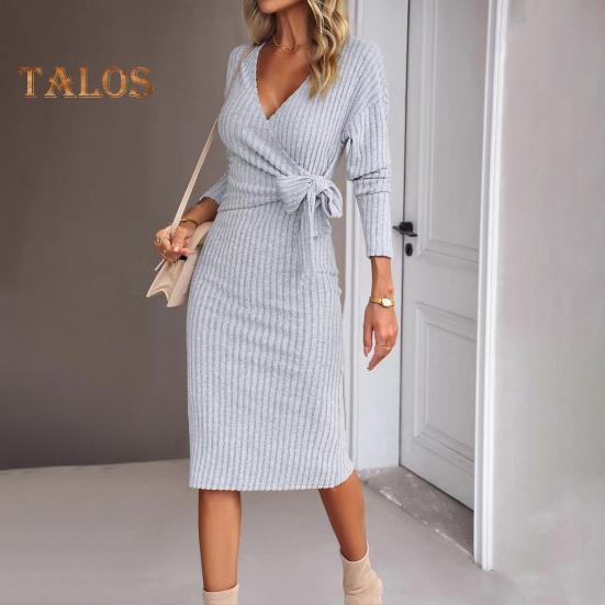 Women Spring Fall Dress Cross V Neck Lace-up Slim Fit Sheath Long Sleeves Knee Length Knitted Slim Fit Elastic Midi Dress Shopping Dating Dress