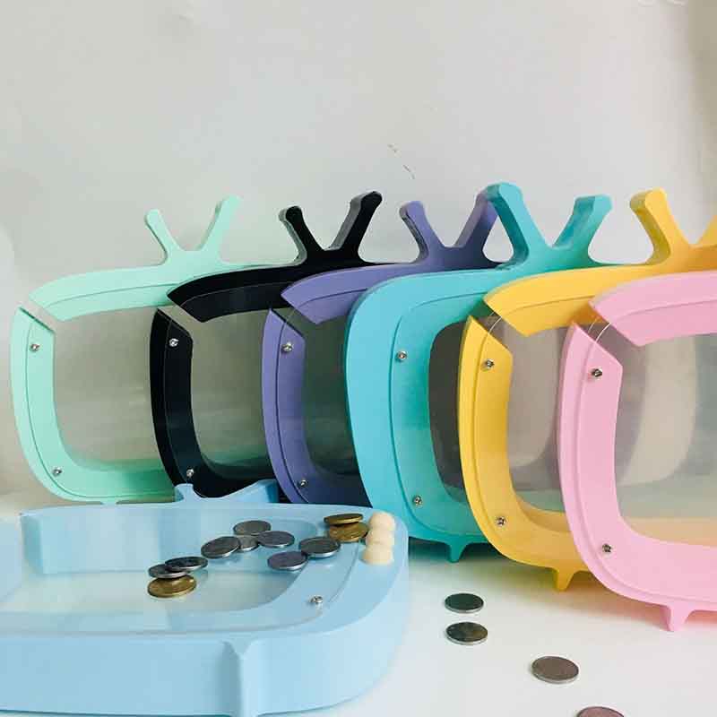 Wooden TV Money Boxes Ins Nordic Piggy Bank Wood Money Cans Toys For Kids Children Living Room Decoration Candy Color