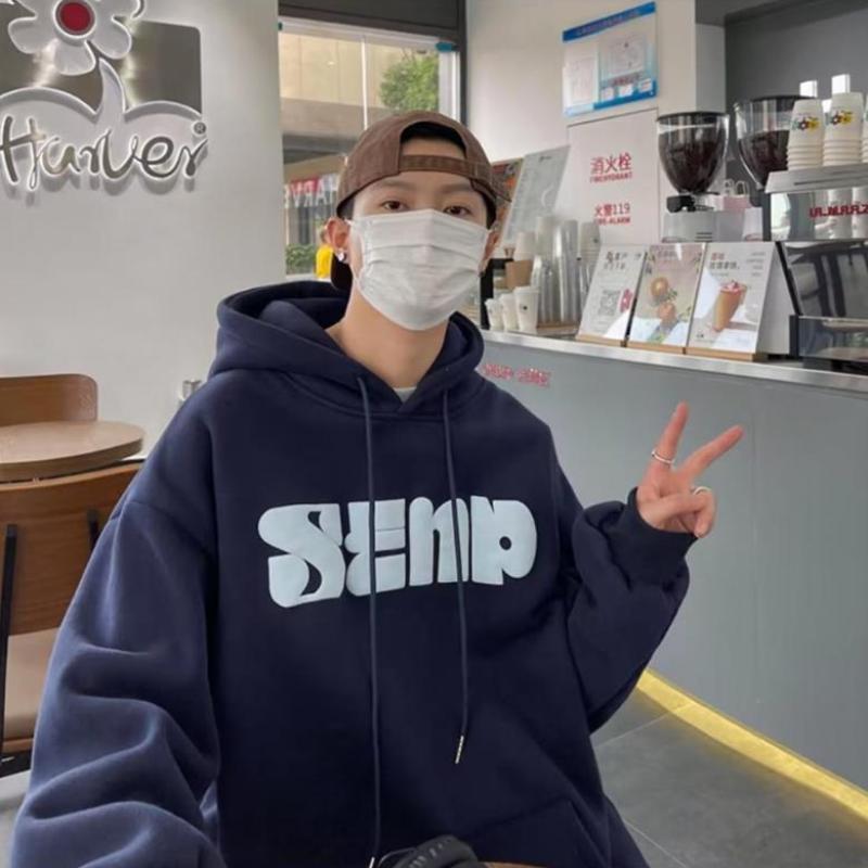 Hooded Sweatshirt Men's Monogram Print Casual Hoodie Teen Trend Sporty Loose