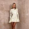 Sexy Hollow Backless Embroidery Flower Mini Dress Women O-neck Flare Sleeve Solid Color Slim Short Dresses