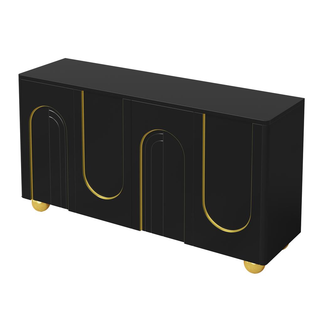 Living Room Cabinet, Four-Door Sideboard, Dining Room Storage Cabinet with Arch Gold Line Decor, Ball-Shaped Metal Feet for Hallway and Living Room