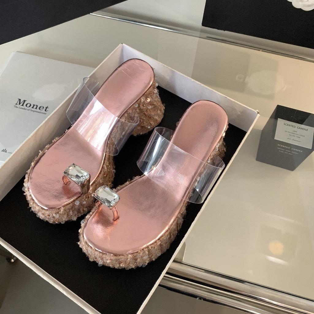 Small Man Heightening Super High Heels Rhinestone Flash Sequins Women's Summer Slope Heel Transparent Muffin Bottom Thick Bottom Cool Slippers