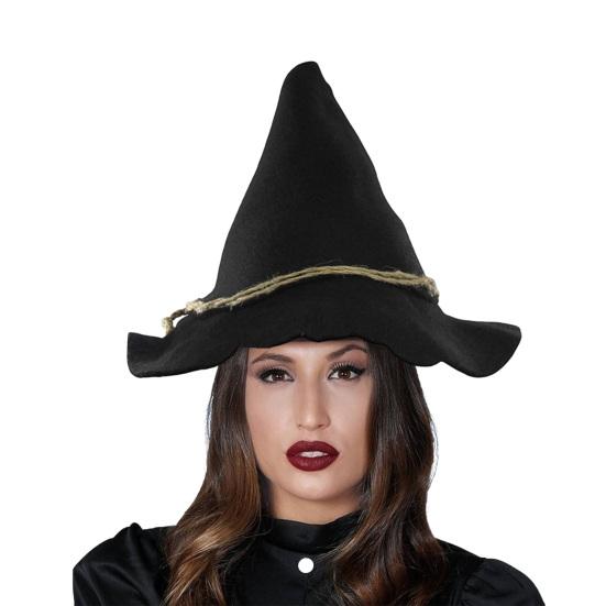 Halloween Black Witch Hat Masquerade Party Cosplay Costume Accessory Pointed Wide Brim Hemp Rope Felt Wizard Hat Party Supplies