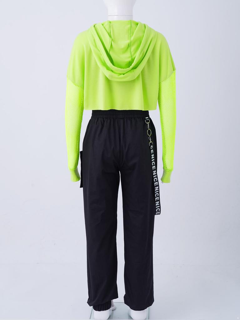 Танцевальные костюмы для девочек из 3 предметов, сетчатые рубашки с длинными рукавами в стиле джаз, хип-хоп и укороченные топы на бретелях, брюки, спортивная одежда