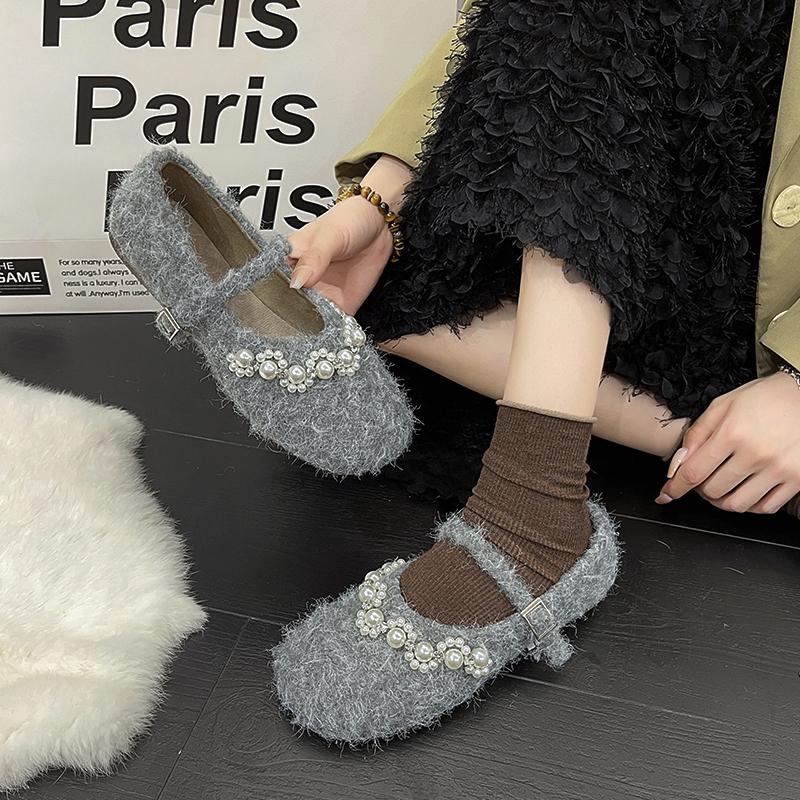 Модная осенняя новая плоская обувь одинарного фасона женская с круглым носком, мелким вырезом, линией из бусин, с мягкой подошвой, противоскользящая, низкая