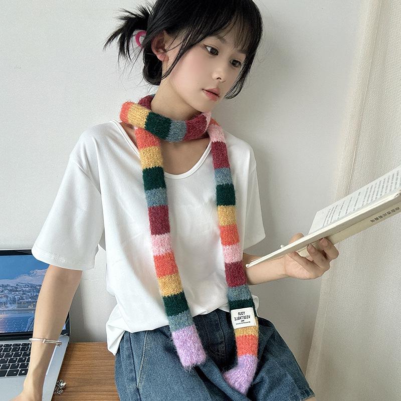 Шарф Luochi Knitwear Осень/Зима, Мохеровый, Цветные Блоки, Полоска - Унисекс, Стиль Y2K 'Сладкая и Пряная Девушка'
