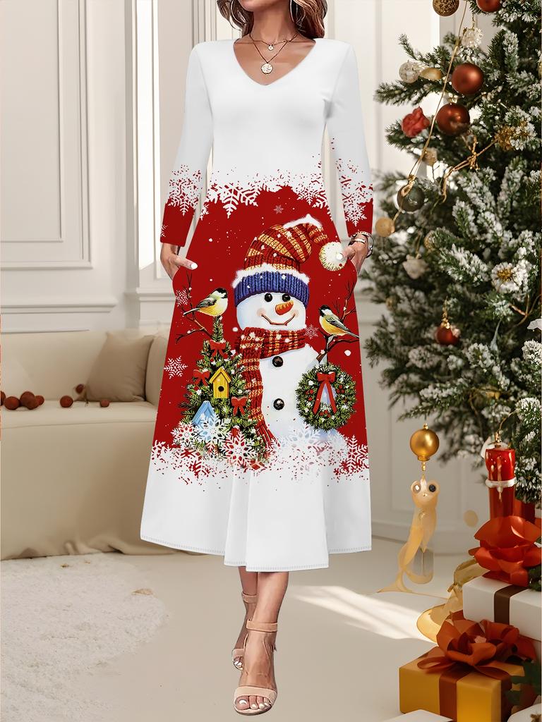 2025 Осень и Зима Новое Женское Повседневное Модное Платье 3D Принт Снеговика Длинный Рукав V-образный Вырез А-силуэт Рождественский Подарок
