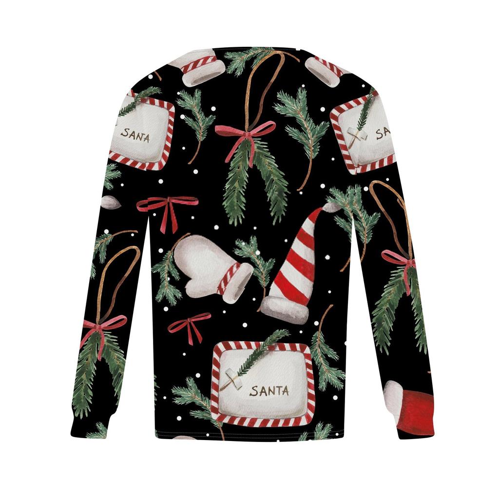 Женская повседневная футболка с круглым вырезом и длинными рукавами с рождественским принтом и складками