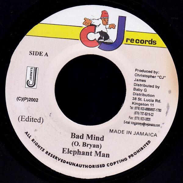 7inch Record ELEPHANT MAN - Bad Mind NONE CJ Records 2002 Jamaica Reggae, Ska & Dub Used