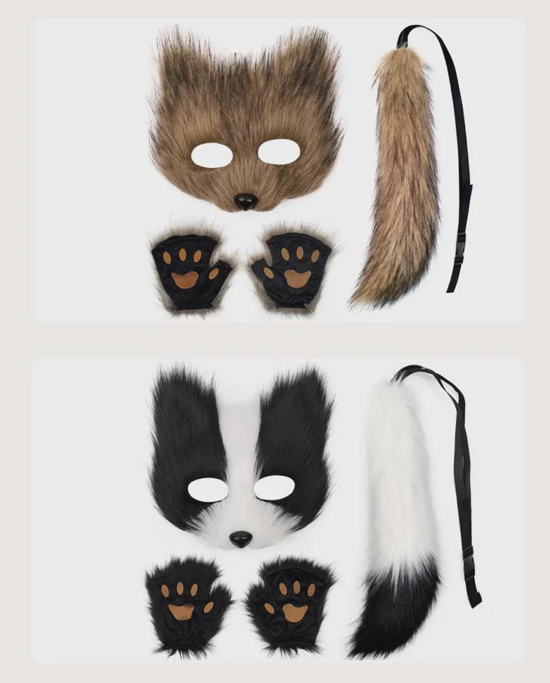 Маска лисы ручной работы и плюшевый хвост в комплекте с перчатками для Хэллоуина или косплея